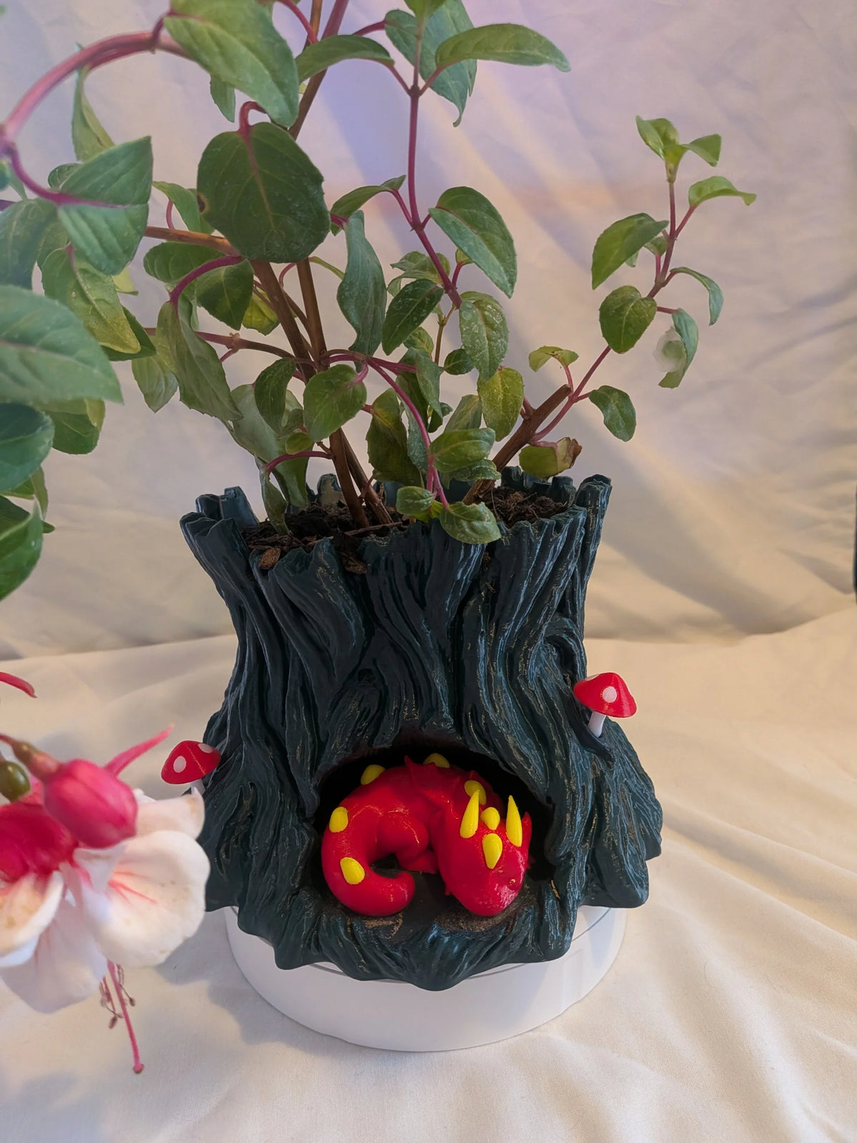 A small potted plant in a dark tree-stump-shaped planter with a red and yellow frog decoration in the base, set on a white surface against a white fabric backdrop.
